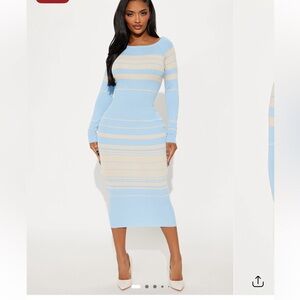 Fashion Nova Striped Midi Dress - Blue and Cream
